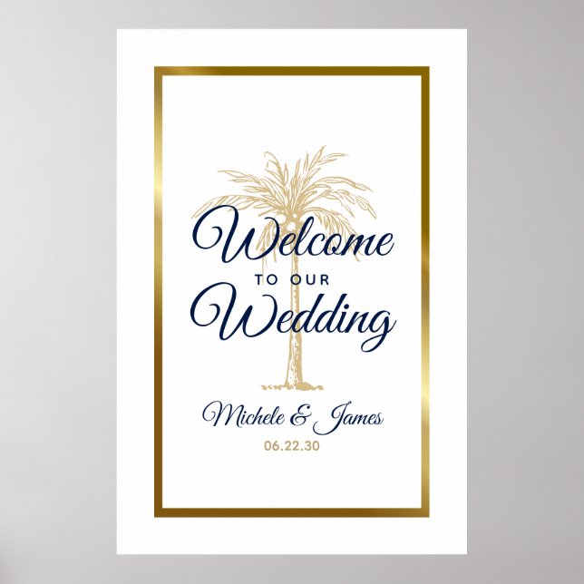 Affiche Elegant Marine Gold Palm Tree Mariage Bienvenue (Devant)