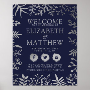 Affiche Elégant Marine & Silver Floral Mariage Bienvenue
