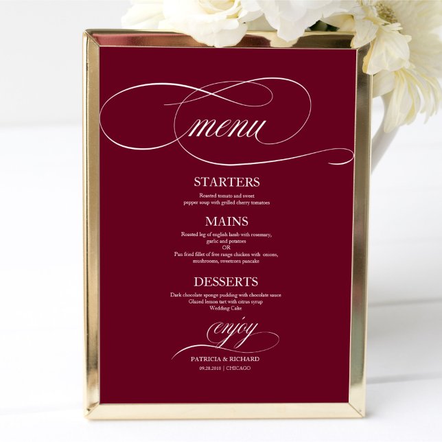 Affiche Élégant Marsala de Bourgogne Mariage Menu Signe (Créateur téléchargé)