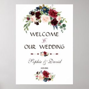 Affiche Élégant Merlot Navy Blue Floral Mariage