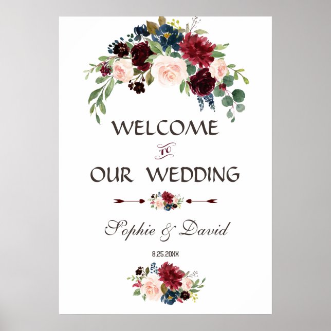 Affiche Élégant Merlot Navy Blue Floral Mariage (Devant)