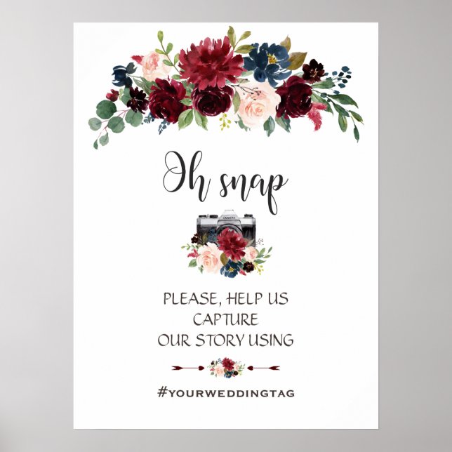 Affiche Élégant Merlot Navy Floral Oh Snap Instagram Sign (Devant)