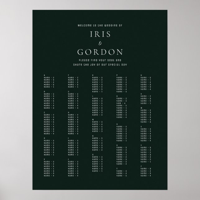 Affiche Élégant minimal vert de siège alphabétique (Devant)