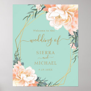 Affiche Elégant Mint Green Gold Blush Peach Floral Mariage