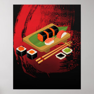Affiche Élégant Moderne Chic Sushi Noir & Rouge