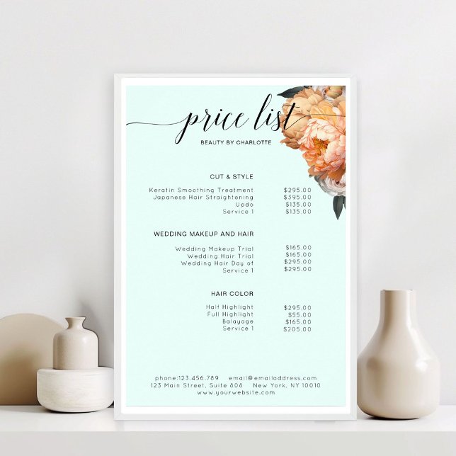 Affiche Elégant, moderne, Floral Peony Tarifs (Elegant, Modern, Floral Peony Price List )