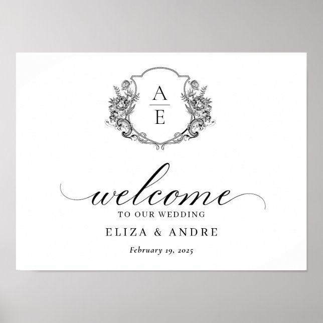 Affiche Élégant Monogram Crest Mariage de bienvenue (Devant)