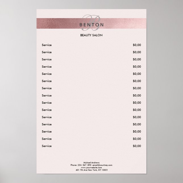 Affiche Elegant Monogramm Lightpink Rosegold Pricelist (Devant)