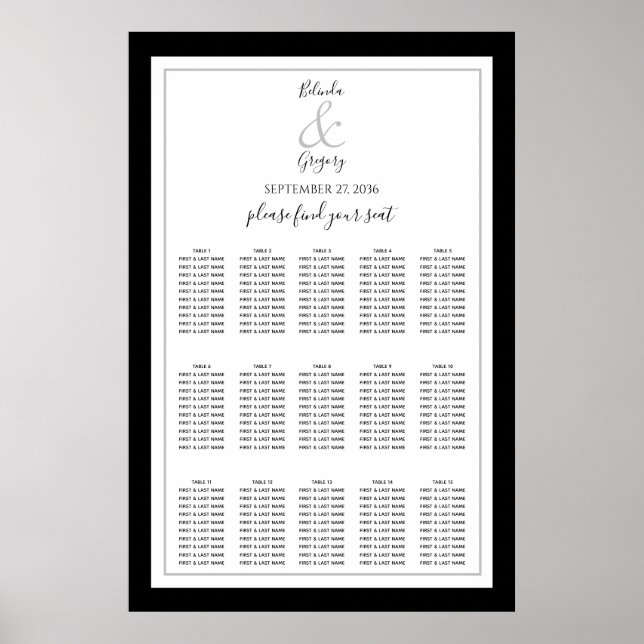 Affiche Élégant Monogramme noir blanc Mariage carte de siè (Devant)