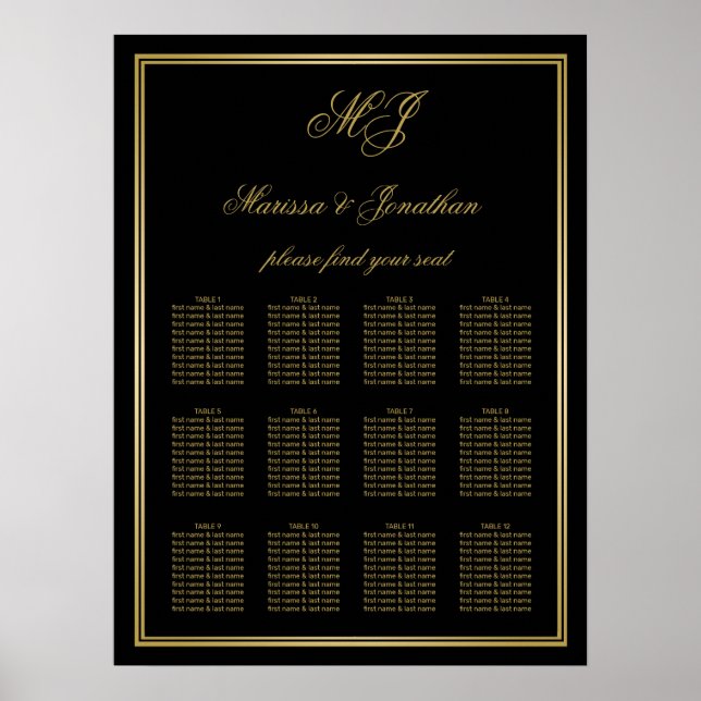 Affiche Elégant Monogramme Or Noir Cadre Mariage Siège (Devant)