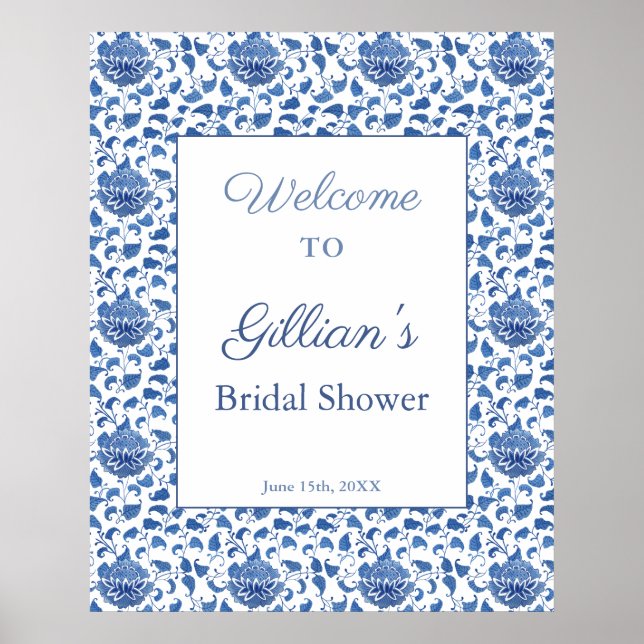 Affiche Élégant motif bleu et blanc pour welcome shower de (Devant)