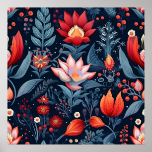 Affiche Élégant motif botanique rouge bleu sarcelle minuit