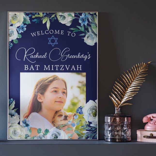 Affiche Elegant Navy Blue Floral Photo Bat mitzvah Bienven (Créateur téléchargé)
