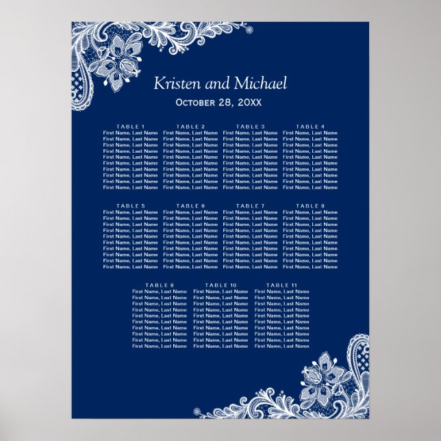 Affiche Elegant Navy Blue Lace Wedding Seating Chart (Devant)