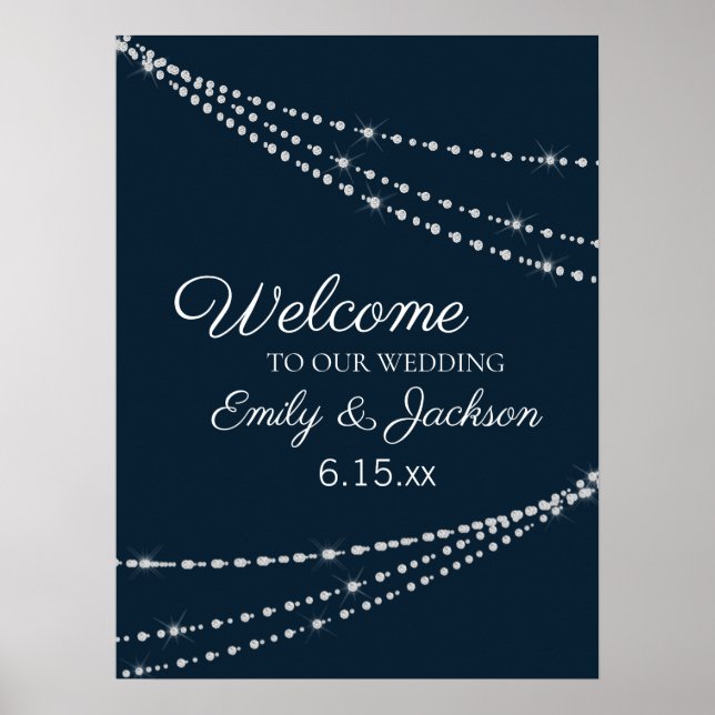 Affiche Elegant Navy Blue String Lights Wedding (Devant)