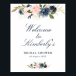 Affiche elegant navy & blush bridal shower welcome sign<br><div class="desc">A floral design with beautiful navy and blush pink watercolor flowers. The text and colors on this sign poster can be edited.</div>