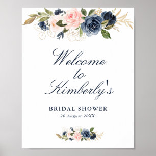 Affiche elegant navy & blush bridal shower welcome sign