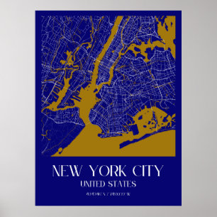 Affiche Elégant New York City Map - Blue & Gold Urban