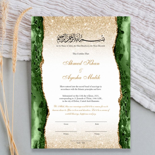 Affiche Elegant Nikkah Certificate Muslim Islamic Wedding (Islamic Nikah certificate template with Arabic and English calligraphy, elegant floral frame, Bismil)