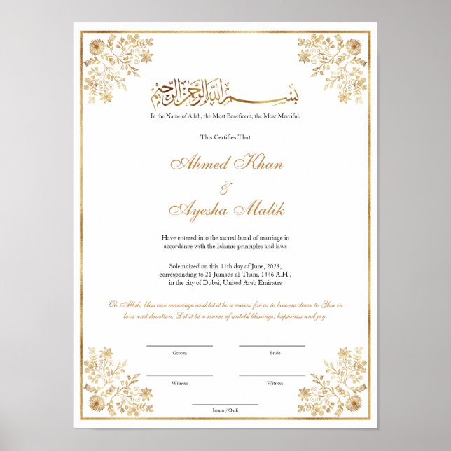 Affiche Elegant Nikkah Certificate Muslim Islamic Wedding (Devant)
