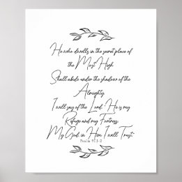 Affiche Élégant noir et blanc Feuilles Psaume 91 Chrétien