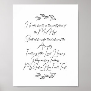 Affiche Élégant noir et blanc Feuilles Psaume 91 Chrétien