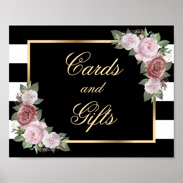 Affiche Élégant Noir Floral Cartes de Mariage et Cadeaux S (Devant)