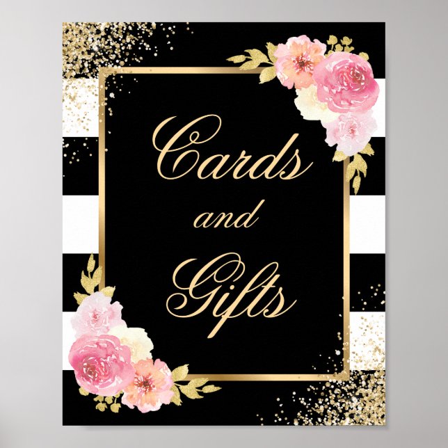 Affiche Élégant Noir Floral Cartes de Mariage et Cadeaux S (Devant)