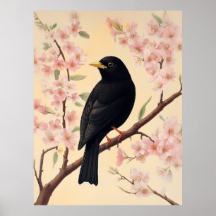 Affiche Élégant oiseau noir en fleurs