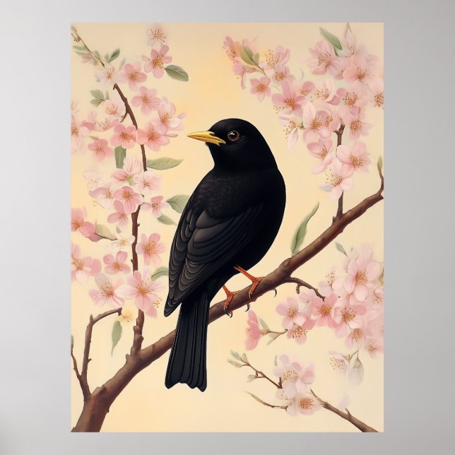 Affiche Élégant oiseau noir en fleurs (Devant)