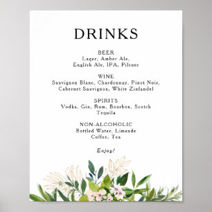 Affiche Élégant Olive Greenery Mariage Boissons Menu Signe