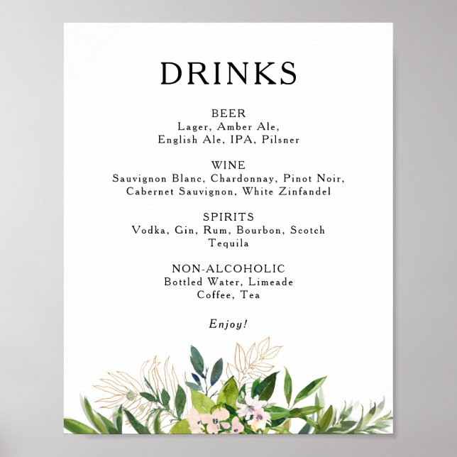 Affiche Élégant Olive Greenery Mariage Boissons Menu Signe (Devant)
