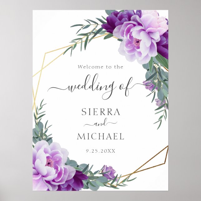 Affiche Elégant or et violet Mariage d'Eucalyptus Floral (Devant)