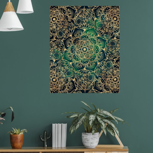 Affiche Elégant or Mandala Floral Vert bleu (Salon 1)
