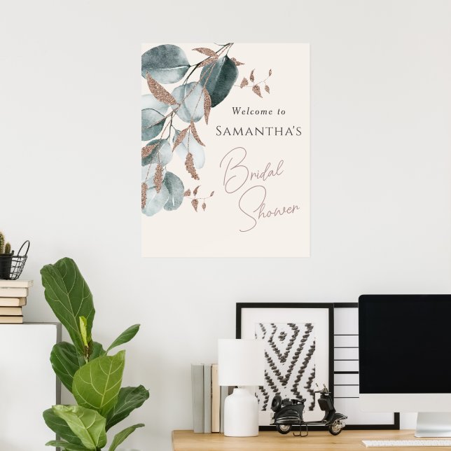 Affiche Élégant or vert feuilles scintillantes Baby Shower (Bureau à domicile)