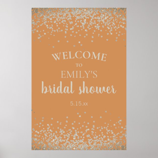 Affiche Élégant Orange Brûlé Argent Confettis Mariage (Devant)