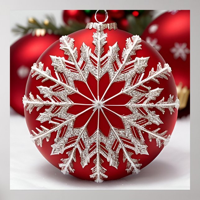 Affiche Élégant ornement de Noël rouge avec flocon de neig (Devant)