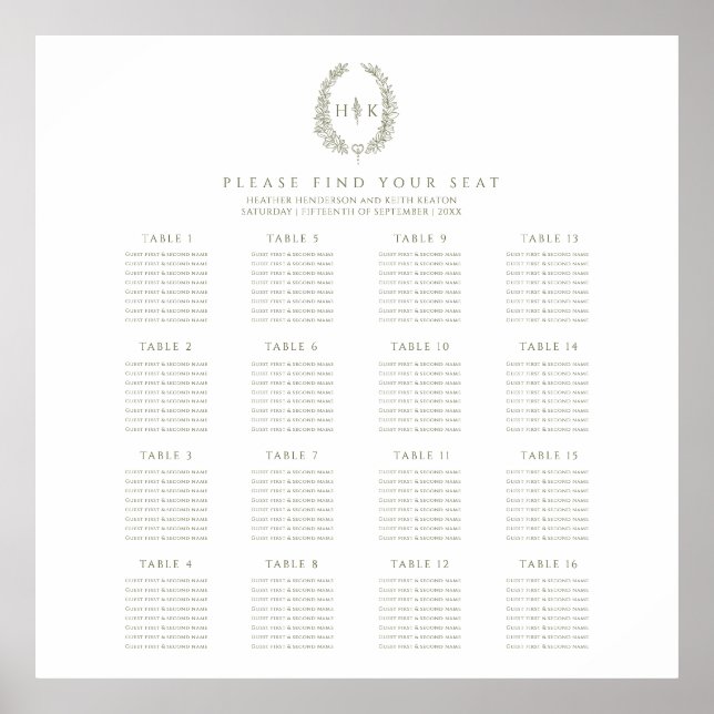 Affiche Elegant oval olive green wedding 16 tables plan (Devant)