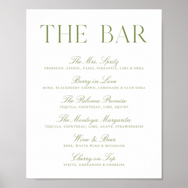 Affiche Élégant panneau de bar de mariage vert sauge et bl (Devant)
