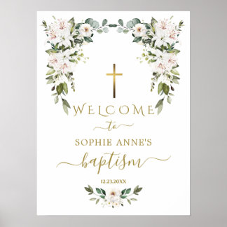 Affiche Élégant panneau de bienvenue Baptême WhiteLily Ros