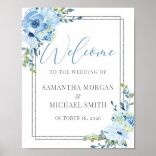 Affiche Elégant panneau de bienvenue mariage bleu fleuri