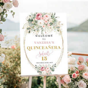 Affiche Élégant panneau de bienvenue Quinceañera rose et o