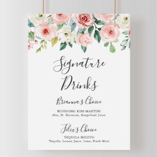 Affiche Élégant Panneau de Boissons de Signature Florale d
