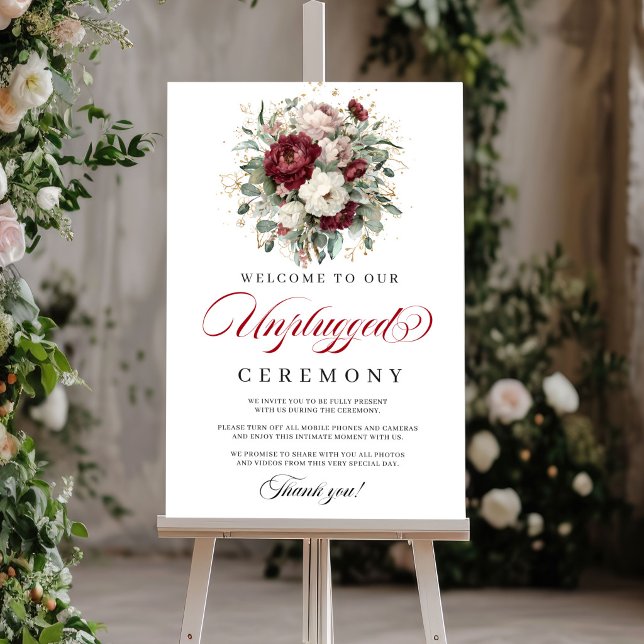 Affiche Élégant Panneau de Cérémonie Débranché Rouge Bourg (Welcome guests with elegance using this beautiful Unplugged Ceremony Poster / Sign, featuring waterc)