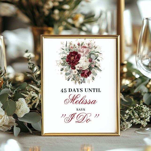Affiche Élégant panneau de compte à rebours bordeaux rose  (Elegant Blush Burgundy Countdown Sign Bridal Shower)
