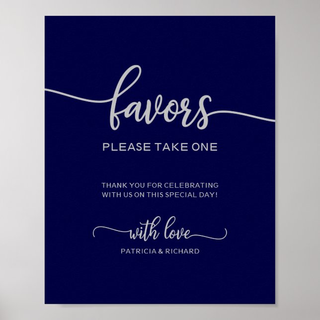 Affiche Élégant panneau de mariage bleu marine argenté (Devant)
