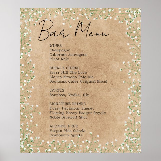 Affiche Élégant panneau de menu de bar de mariage floral d (Devant)
