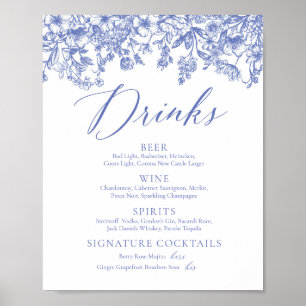 Affiche Élégant panneau de menu de boissons floral bleu vi