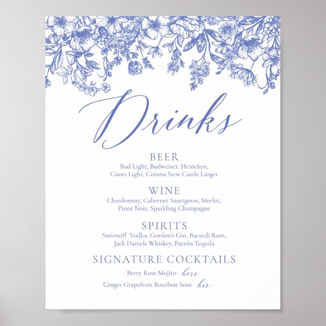 Affiche Élégant panneau de menu de boissons floral bleu vi (Devant)