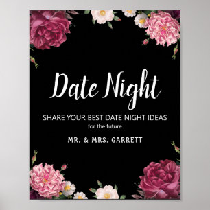 Affiche Élégant panneau de nuit de date de fleurs bordeaux